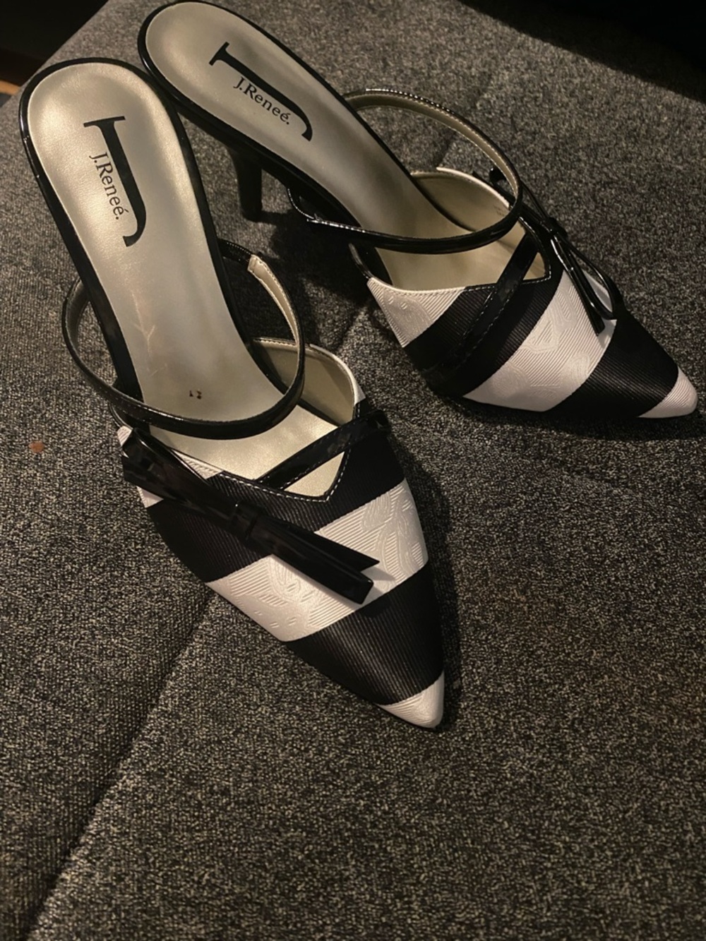 J.Renee Black and White Striped Pointed Slingback Heels